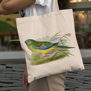 Turquoise Parrot Vintage Print Graphic Canvas Tote Bag